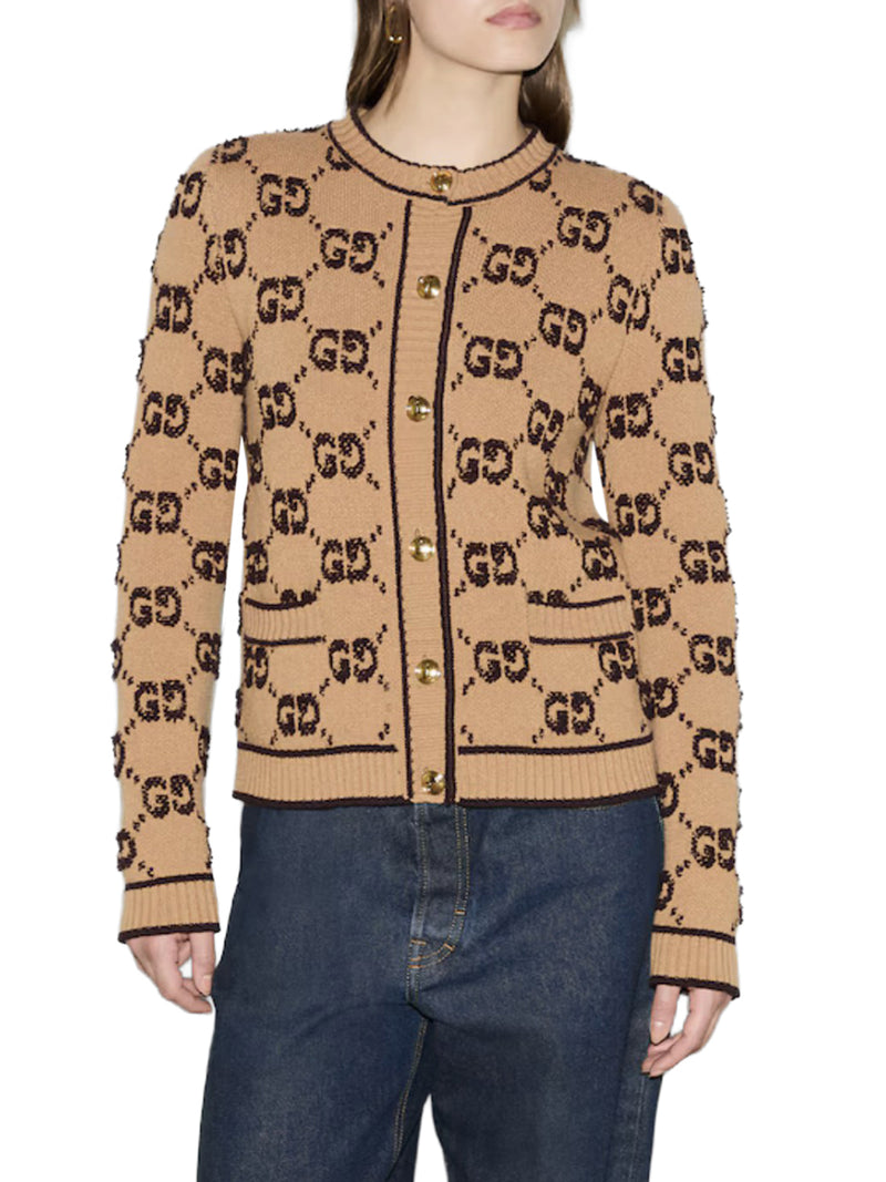 BOUCLE` WOOL CARDIGAN WITH ALLOVER GG LOGO