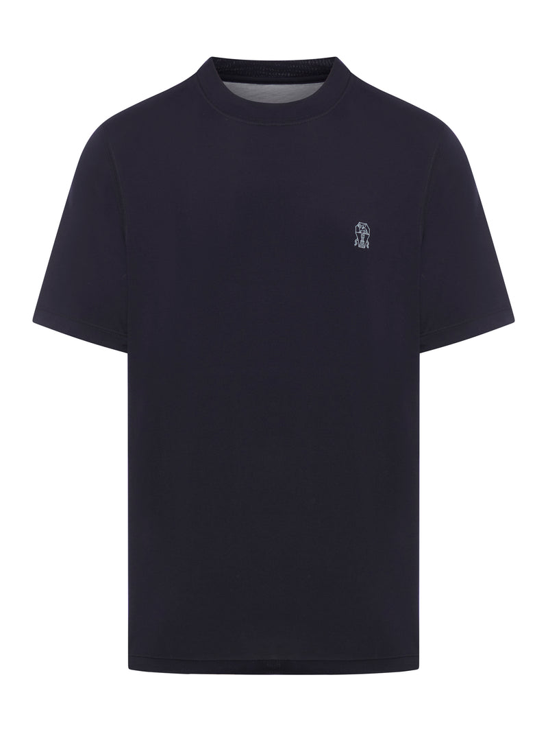 BLUE COTTON T-SHIRT WITH CONTRASTING LOGO PRINT