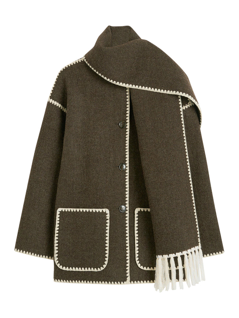 EMBROIDERED SCARF JACKET CHOCOLATE MELANGE