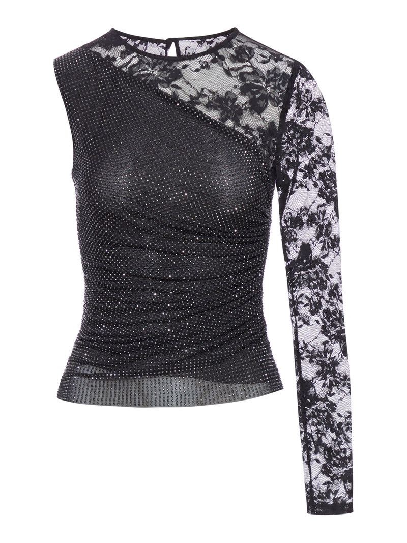 TOP WITH RHINESTONE AND LACE SLEEVES