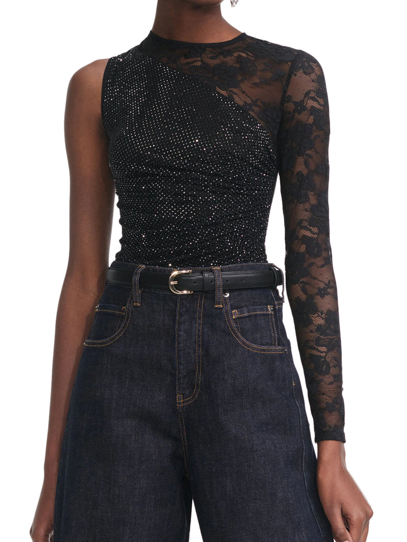 TOP WITH RHINESTONE AND LACE SLEEVES