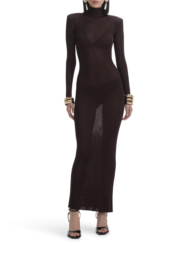 BROWN VISCOSE KNIT MAXI DRESS
