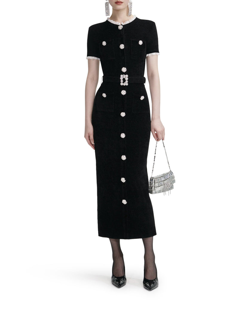 BLACK CHENILLE KNIT MIDI DRESS