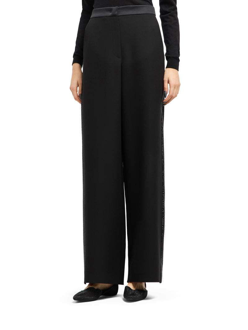 WIDE SILK TROUSERS WITH RHINESTONE DETAIL