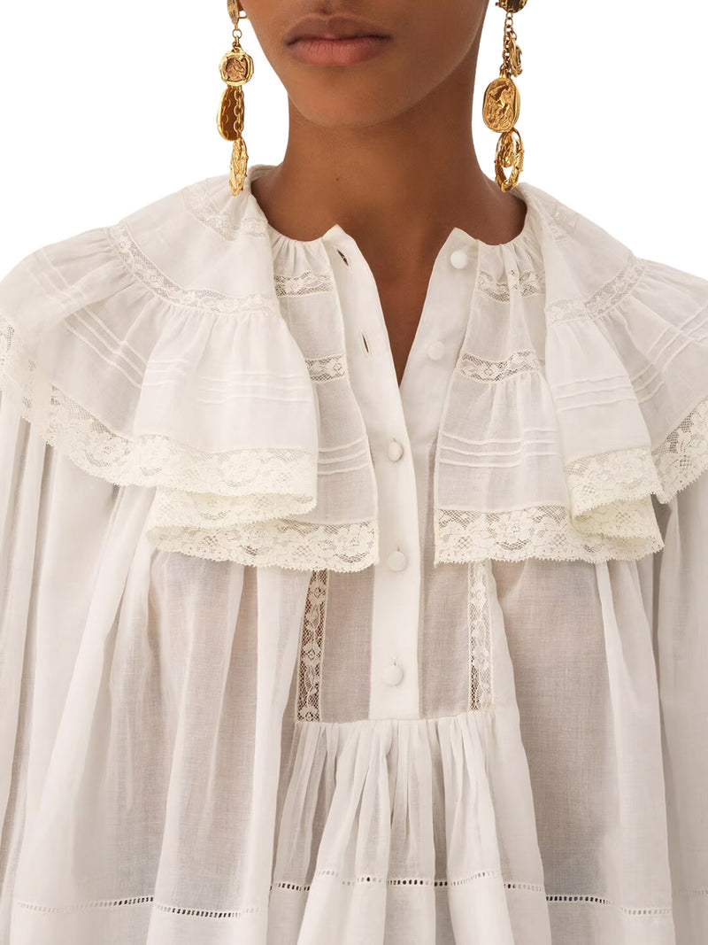 WHITE COTTON BLOUSE WITH RUFFLES AND LACE DETAILS