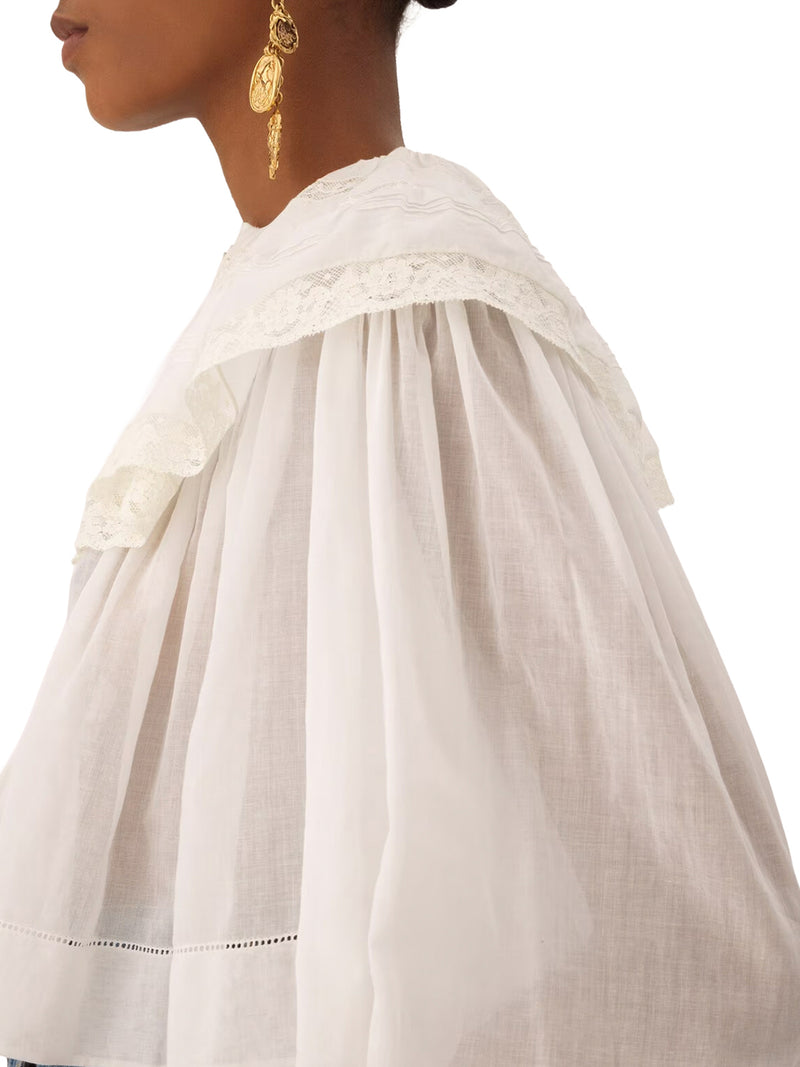 WHITE COTTON BLOUSE WITH RUFFLES AND LACE DETAILS