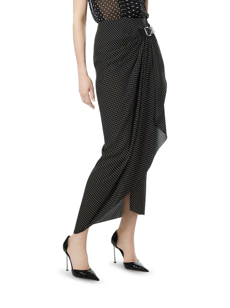 POLKA-DOT SABLE SILK WRAP SKIRT WITH LEATHER DETAIL