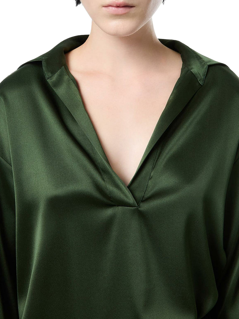SILK SATIN BLOUSE WITH TF LOGO EMBROIDERED IN TONE-ON-TONE GREEN
