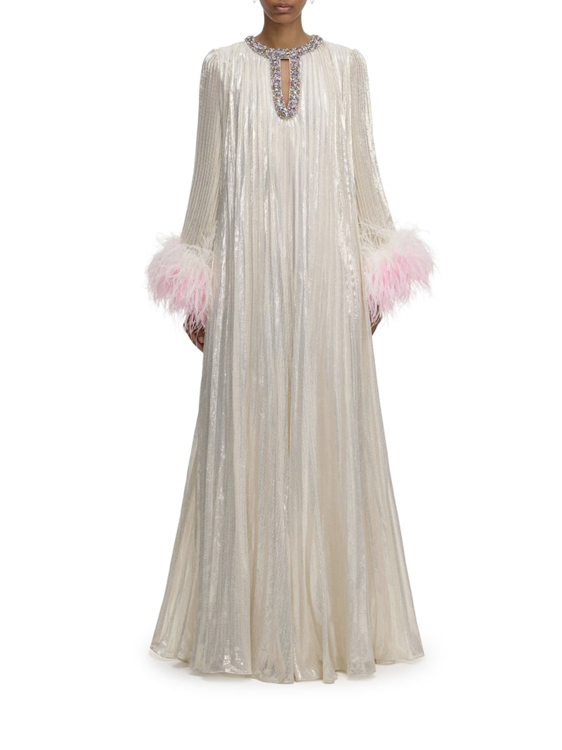 LONG METALLIC DRESS WITH FEATHERS