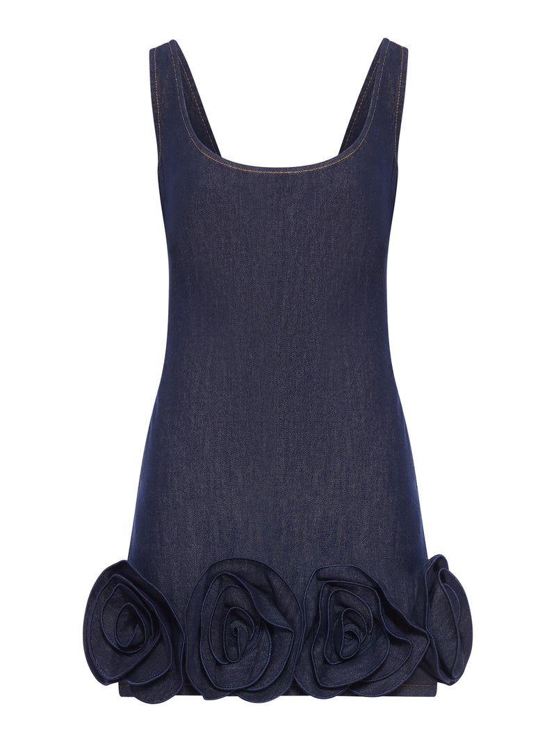INDIGO DENIM MINI DRESS WITH 3D FLOWERS