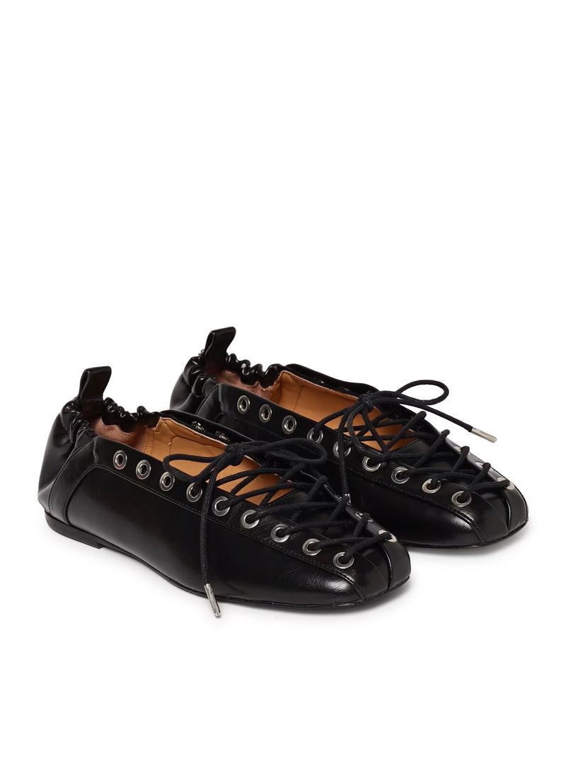 BLACK OLEATEX LACE-UP BALLET FLATS