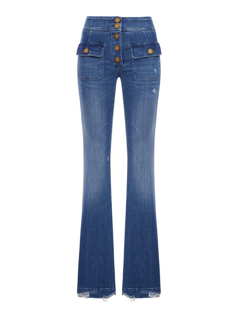 ANAIS FLARE JEANS WITH GOLD BUTTONS AND FRINGED HEM