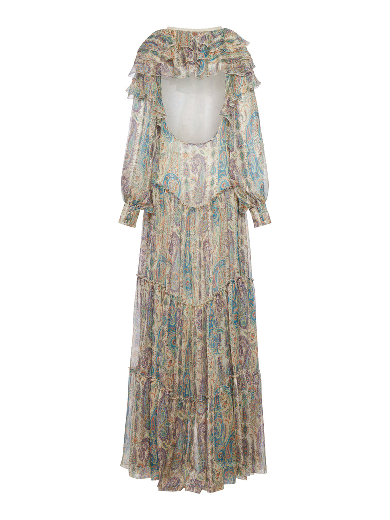 LONG SILK DRESS WITH FLORAL PAISLEY PATTERN