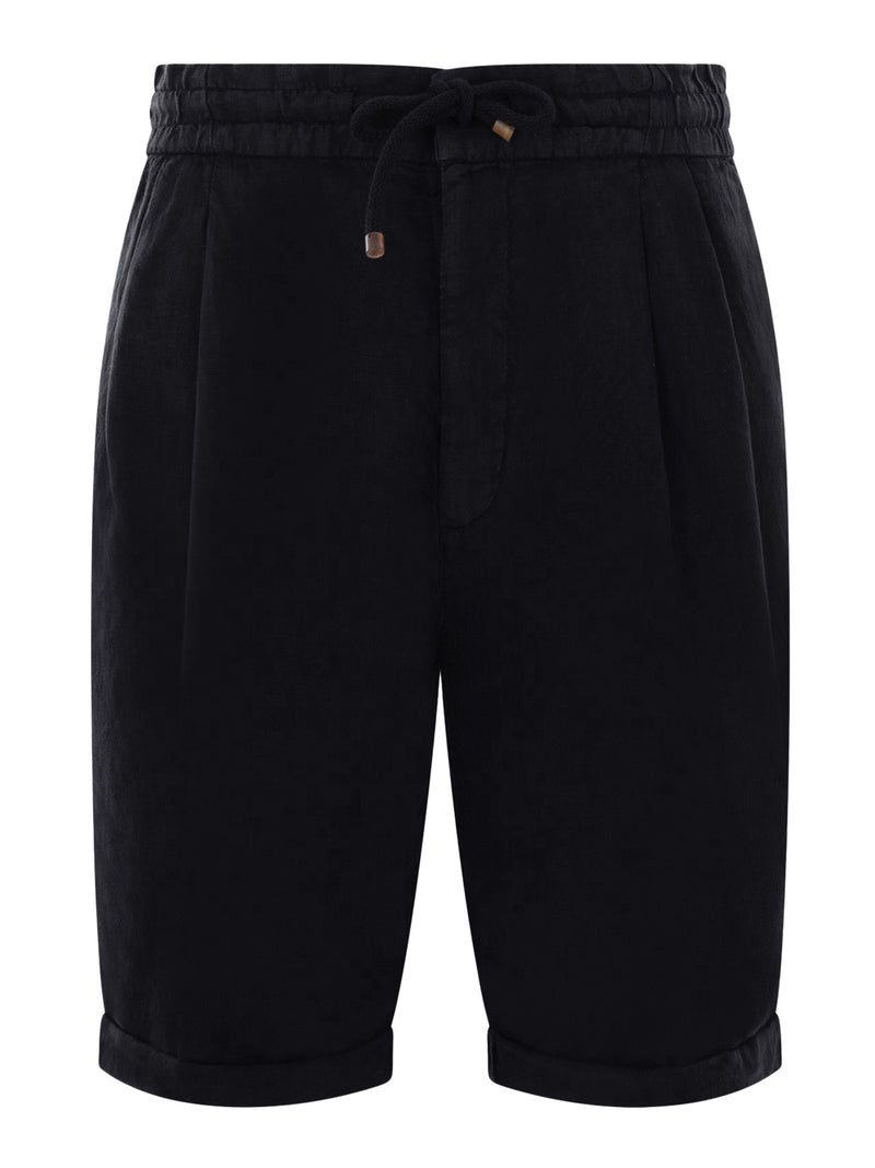 GARMENT DYED LINEN GABARDINE BERMUDA SHORTS WITH DRAWSTRING AND DARTS