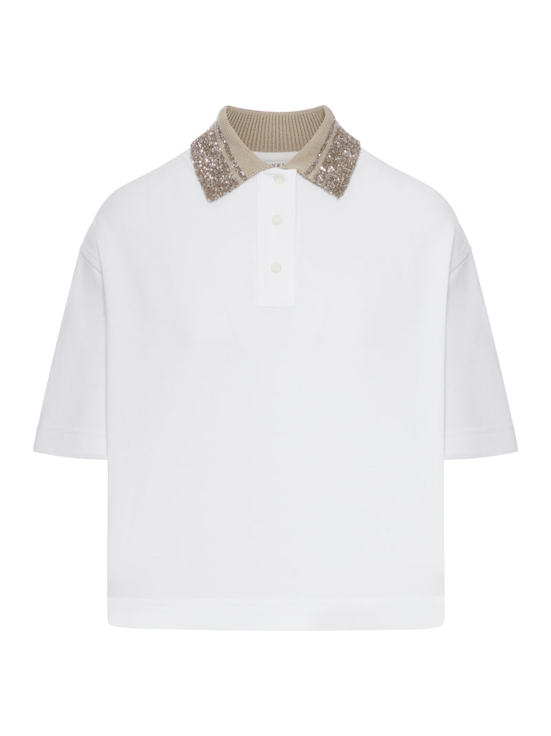 COTTON JERSEY POLO SHIRT WITH DAZZLING KNIT COLLAR
