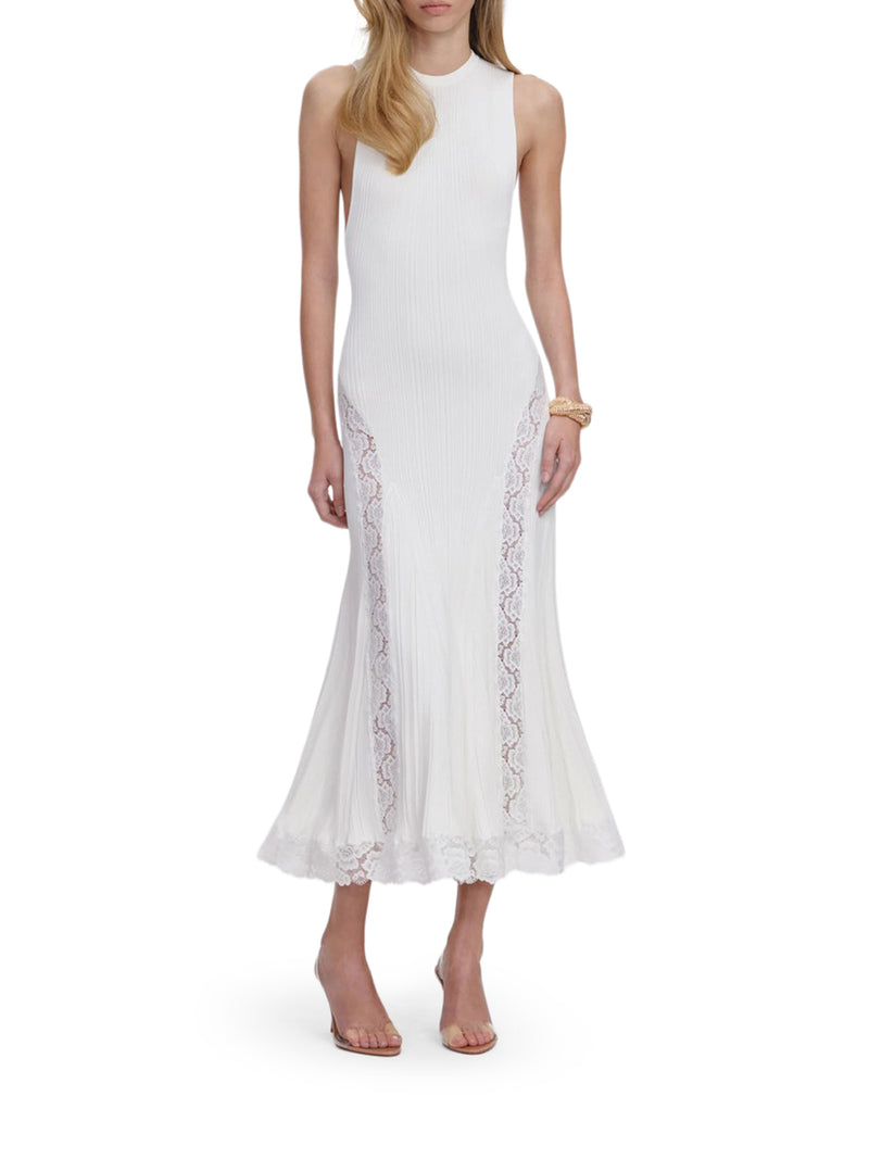 WHITE KNITTED MIDI DRESS WITH LACE INSERTS