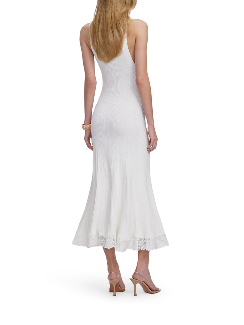 WHITE KNITTED MIDI DRESS WITH LACE INSERTS