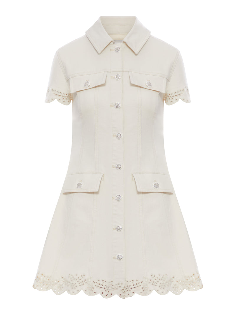 CREAM BRODERIE DENIM MINI DRESS
