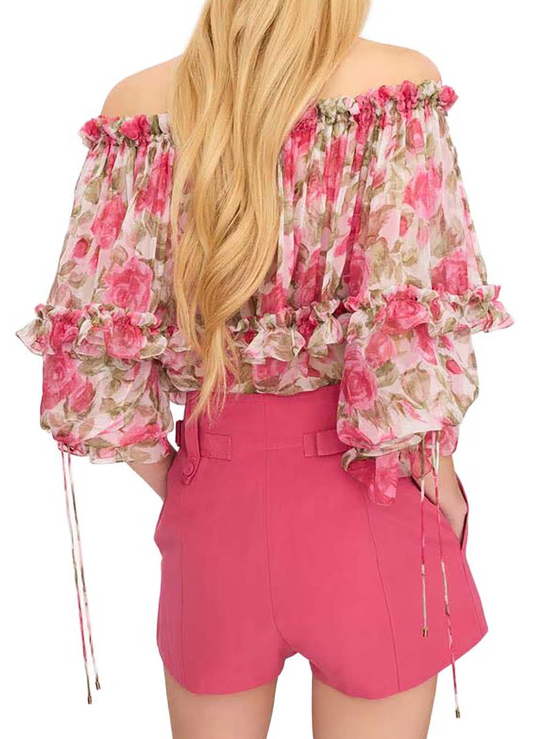 OFF-THE-SHOULDER TOP WITH PUFF SLEEVES IN SILK MUSLIN