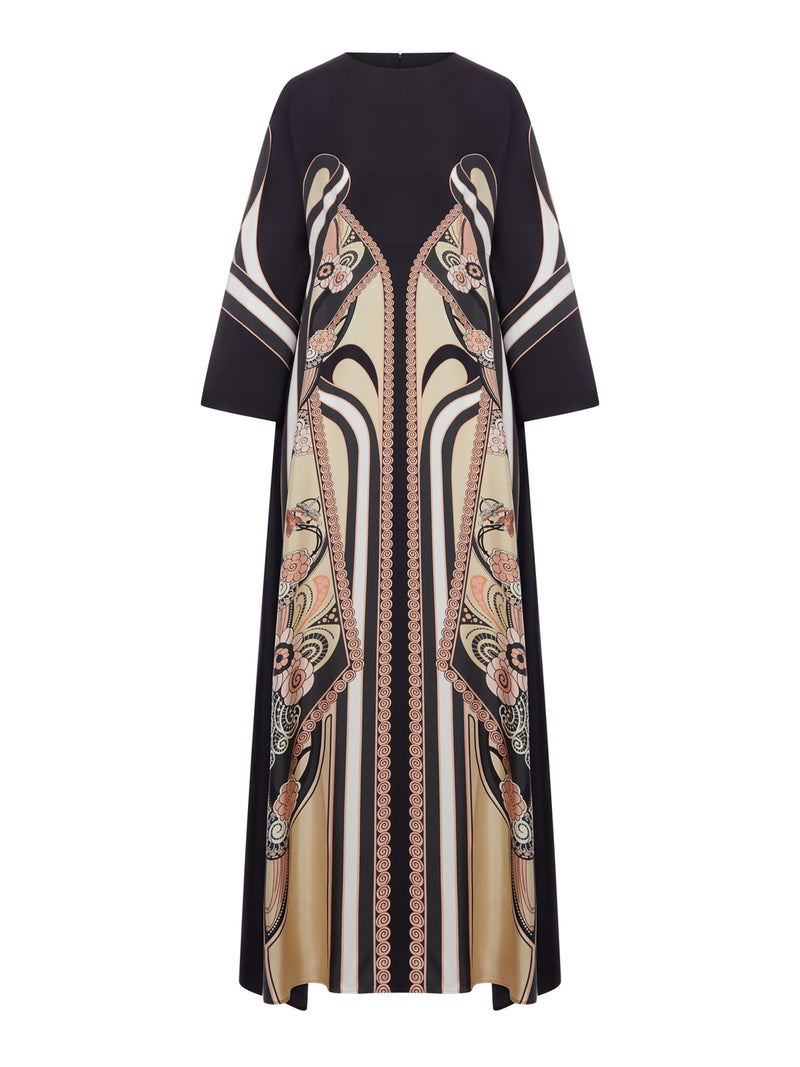 LONG SILK DRESS WITH ORNAMENTAL PRINT