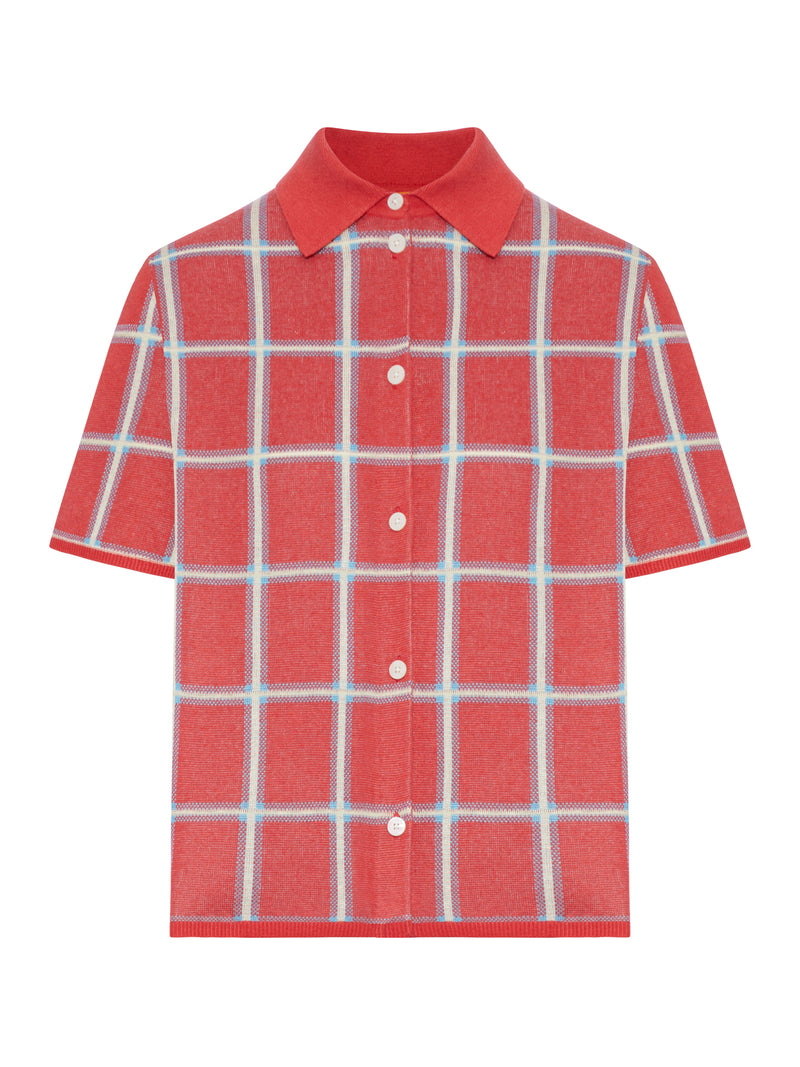 LINEN AND SILK BLEND POLO SHIRT WITH CHECK PATTERN