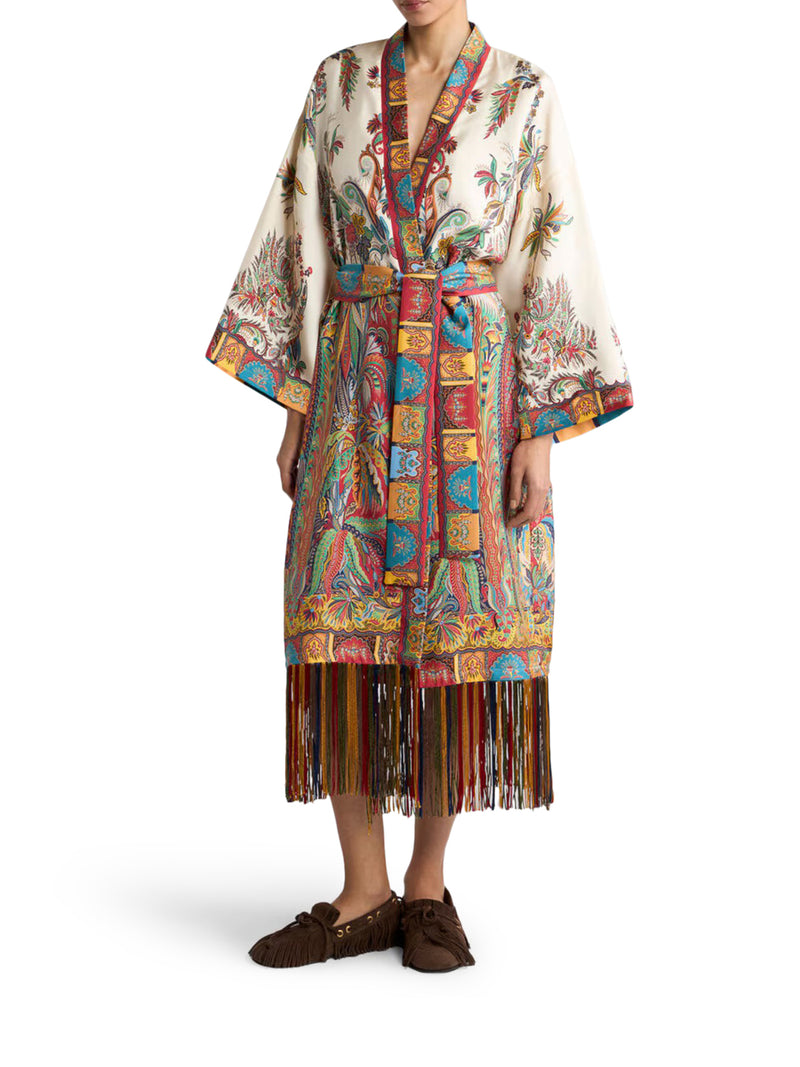 SILK DUSTER COAT WITH FRINGES AND PAISLEY FOLIAGE PRINT
