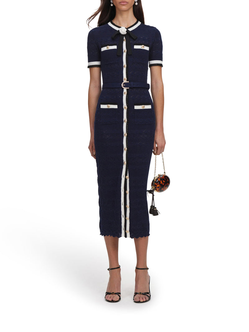 NAVY BLUE PERFORATED KNIT MIDI DRESS