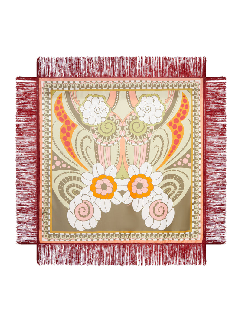 SILK SCARF WITH FRINGES AND ORNAMENTAL PRINT
