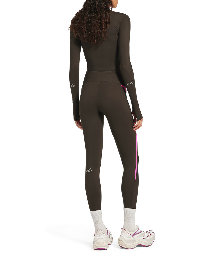TECHWEAR LONG-SLEEVED TOP IN TECHNICAL FABRIC IN KHAKI BROWN AND FLUORESCENT PINK