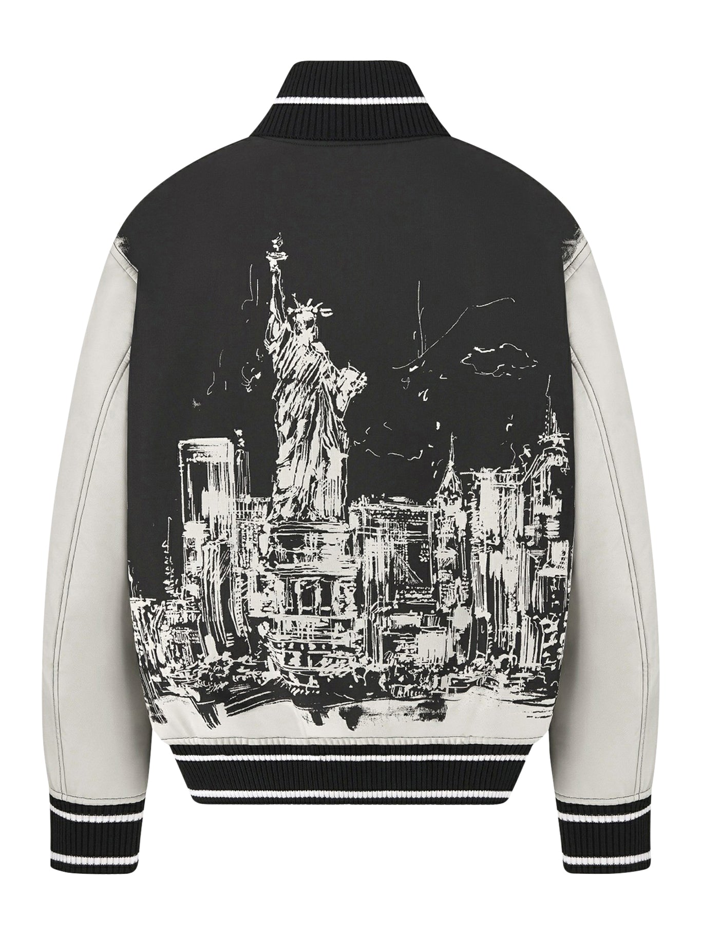 Bomber jacket in black and white technical taffeta jacquard with New York motif