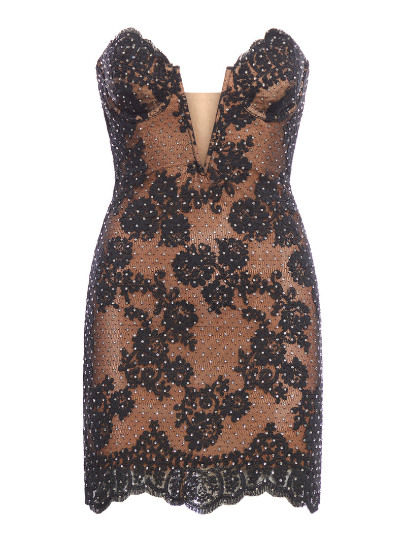 Black Rhinestone Lace Bandeau Mini Dress