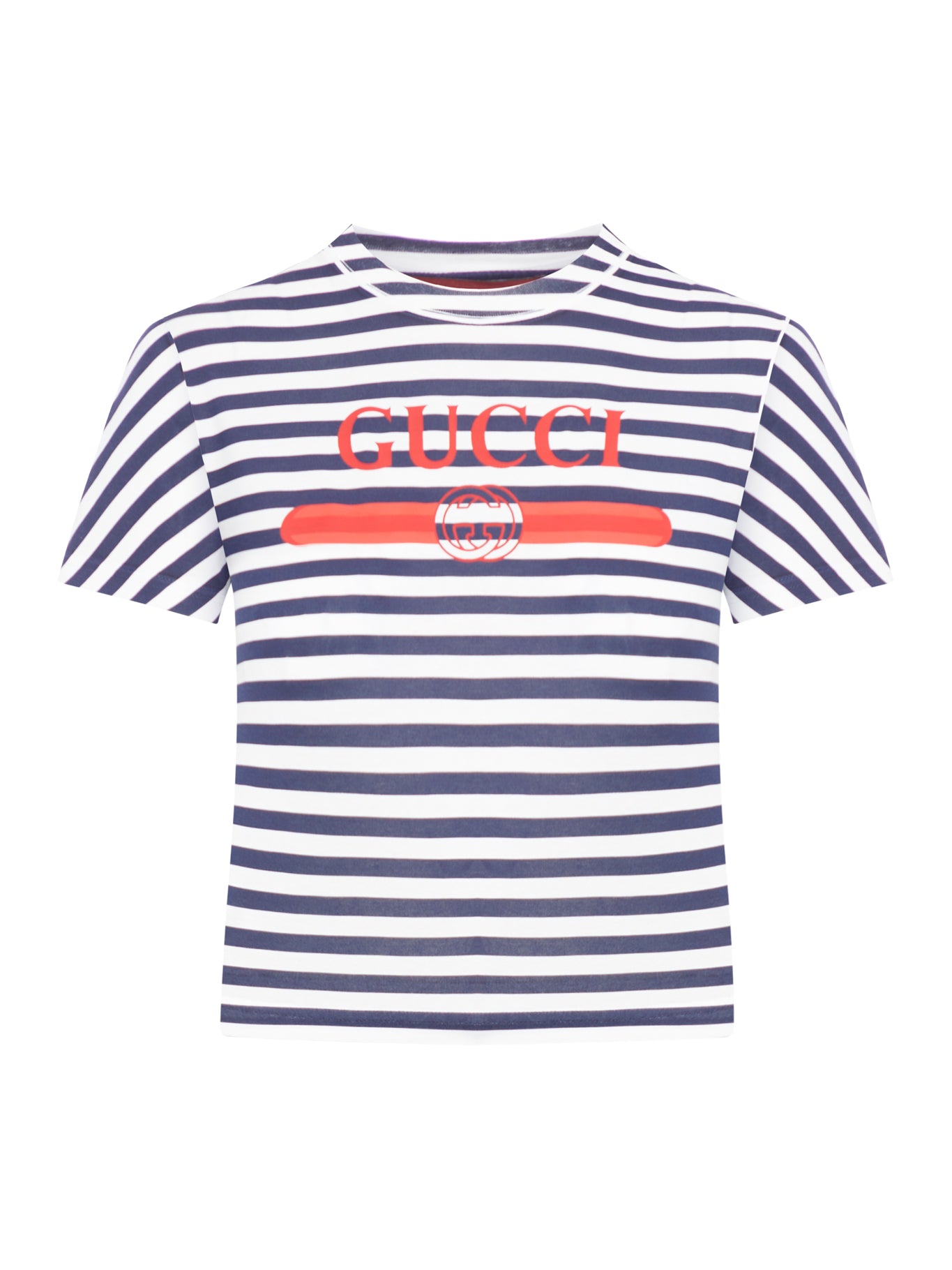 STRIPED COTTON JERSEY T-SHIRT WITH GUCCI PRINT