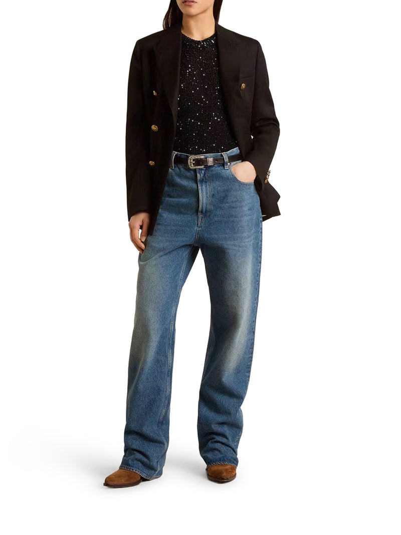 NET MESH TOP WITH SEQUINS AND CONTRASTING DETAILS