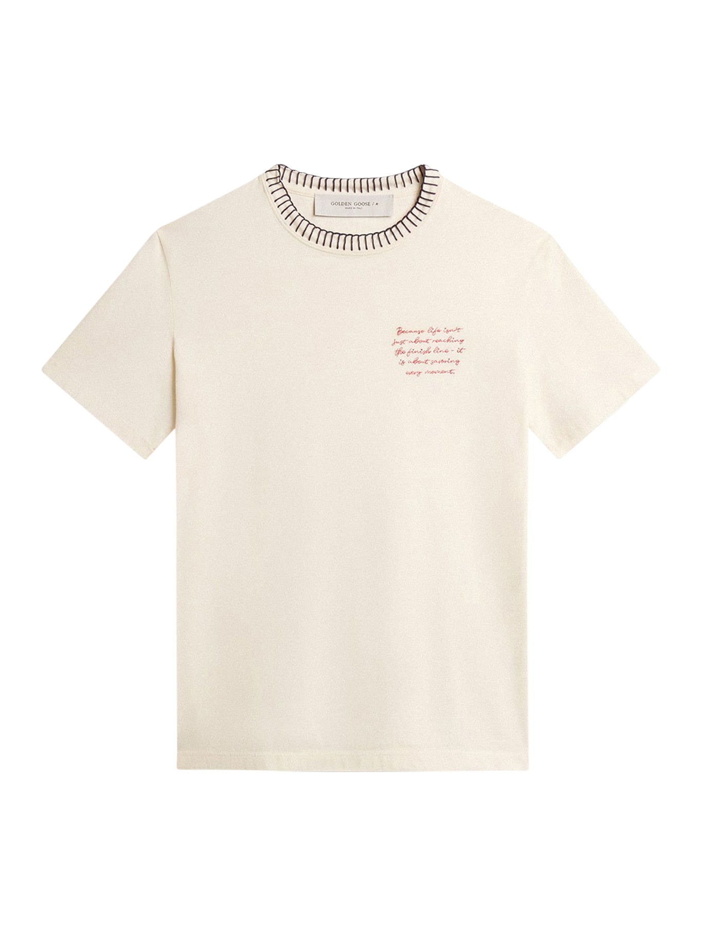 Women`s worn-white cotton T-shirt with hand embroidery