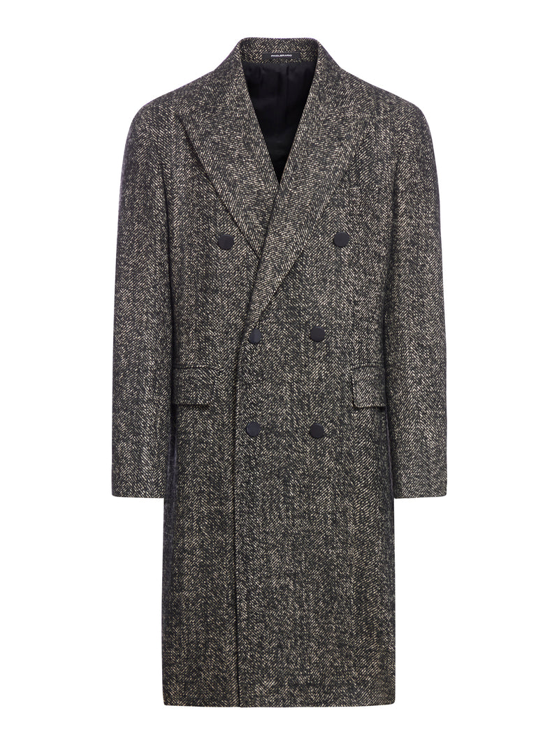 LONG DOUBLE BREASTED COAT IN WOOL BLEND HERRINGBONE