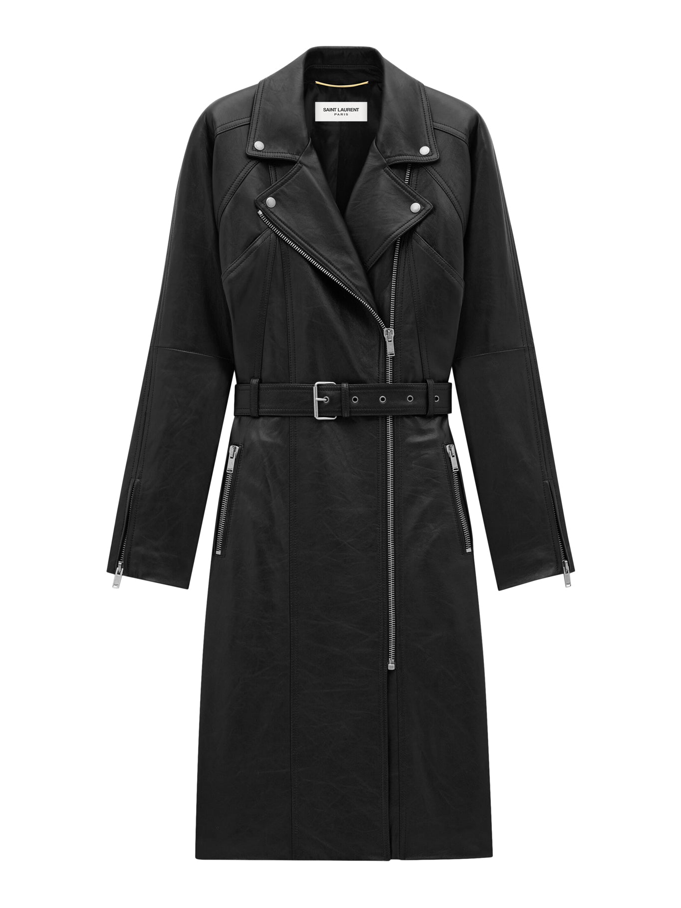 MIDI BIKER COAT WITH TWO-WAY ZIP AND POINT COLLAR, RAGLAN SLEEVES AND ADJUSTABLE BELT