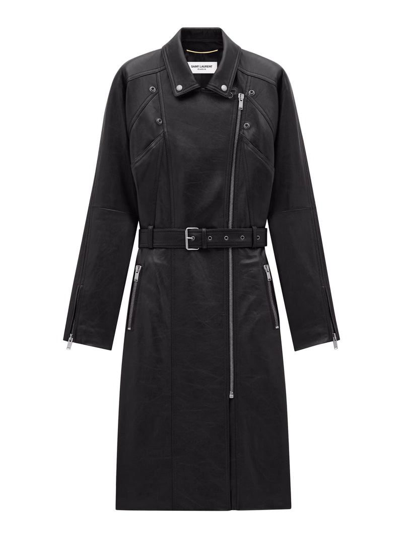 MIDI BIKER COAT WITH TWO-WAY ZIP AND POINT COLLAR, RAGLAN SLEEVES AND ADJUSTABLE BELT