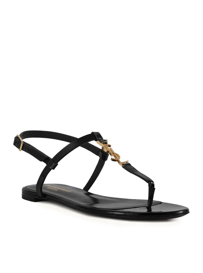 CASSANDRA FLAT SANDALS IN PATENT LEATHER WITH GOLD MONOGRAM