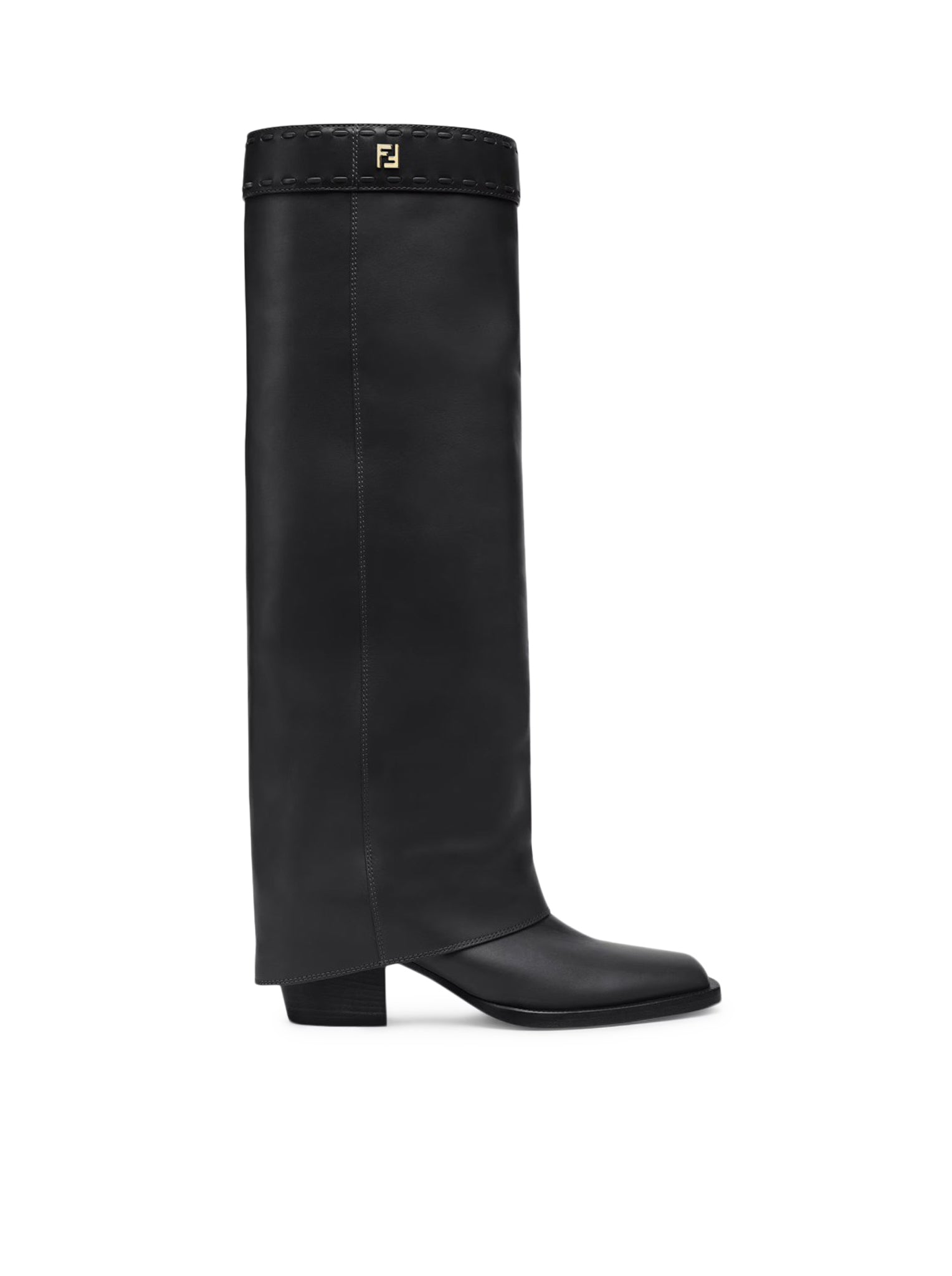 Black leather high-heeled boot