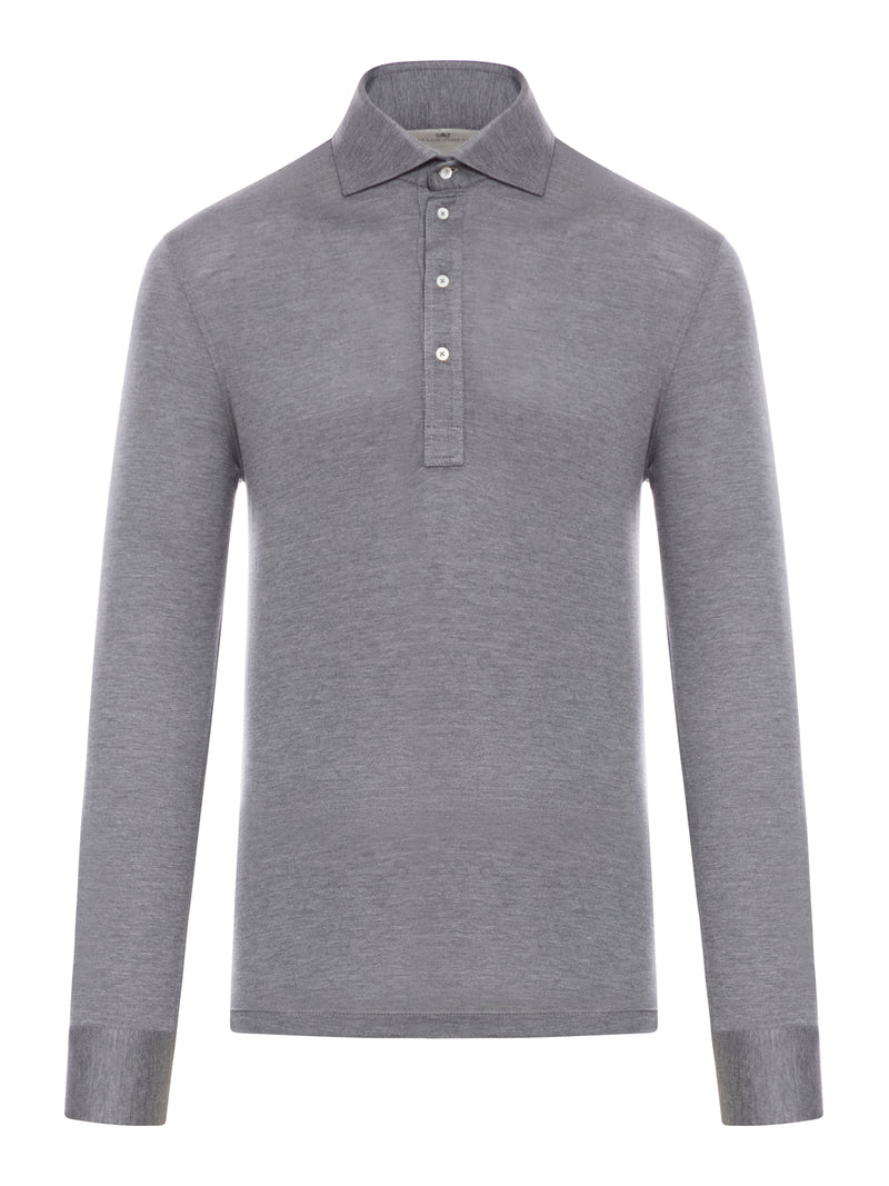 Long-sleeved polo shirt in light silk and cotton jersey with shirt collar