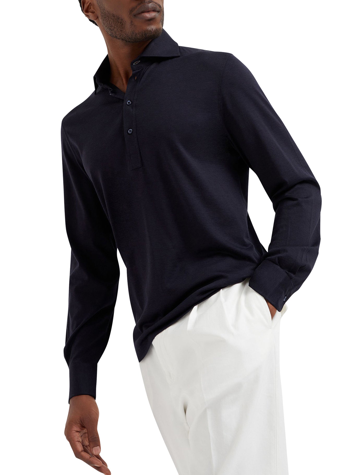 Long-sleeved polo shirt in light silk and cotton jersey with shirt collar