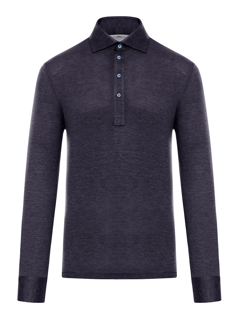 Long-sleeved polo shirt in light silk and cotton jersey with shirt collar