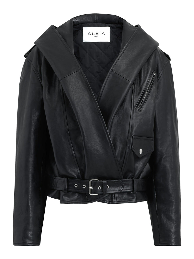 HOODED BIKER JACKET IN PATINATED NAPPA LEATHER