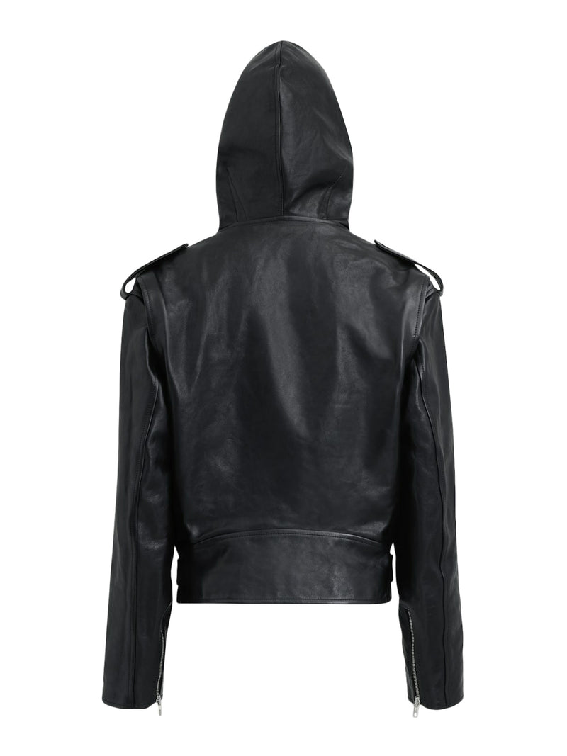 HOODED BIKER JACKET IN PATINATED NAPPA LEATHER