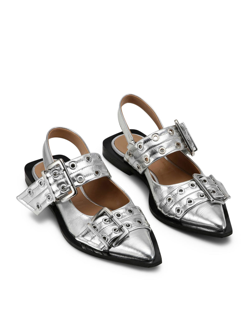 SILVER METALLIC FEMININE BUCKLE BALLERINAS