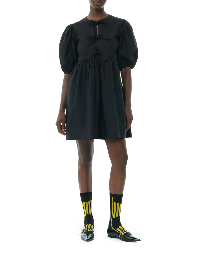 BLACK COTTON POPLIN TIE STRING MINI DRESS