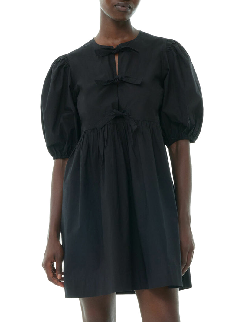 BLACK COTTON POPLIN TIE STRING MINI DRESS