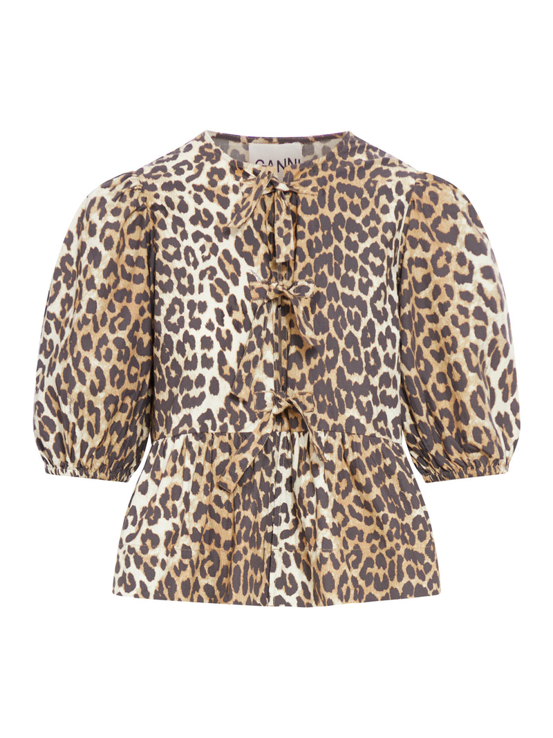 LEOPARD COTTON POPLIN PEPLUM TIE BLOUSE