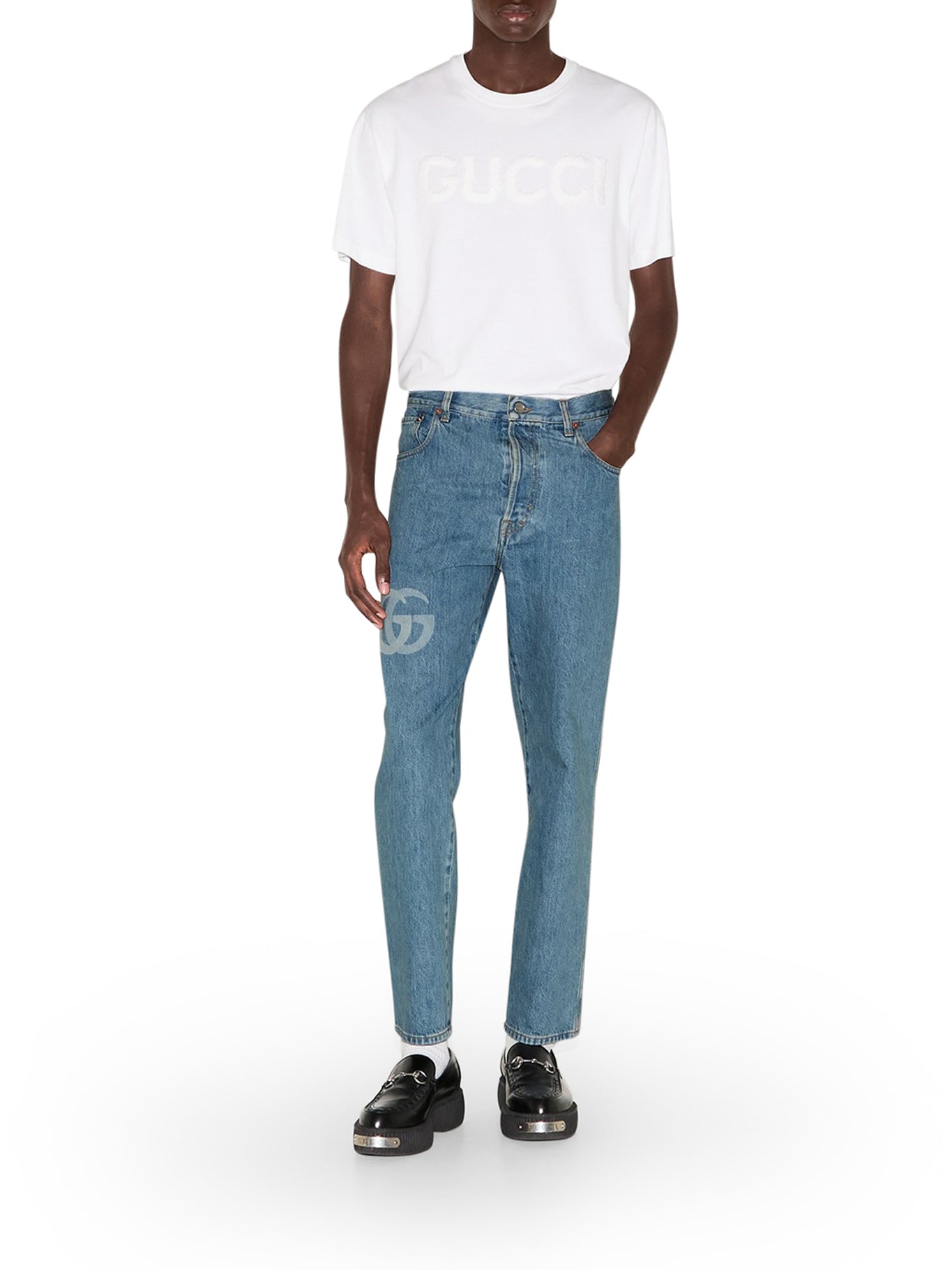 DENIM PANTS WITH LASER-CUT DOUBLE G