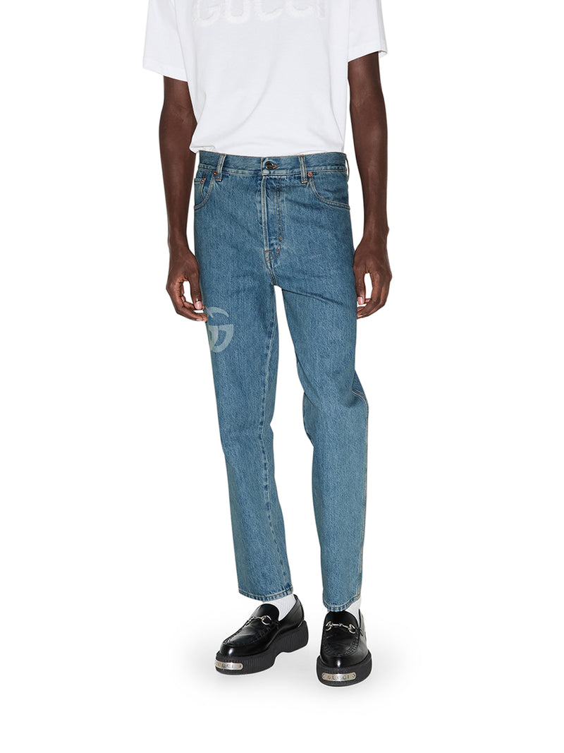 DENIM PANTS WITH LASER-CUT DOUBLE G